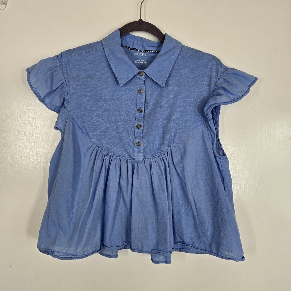 Pilcro Anthropologie Womens‎ Flutter Sleeve Babydoll Top in Blue Sz Small Cotton - Picture 4 of 10
